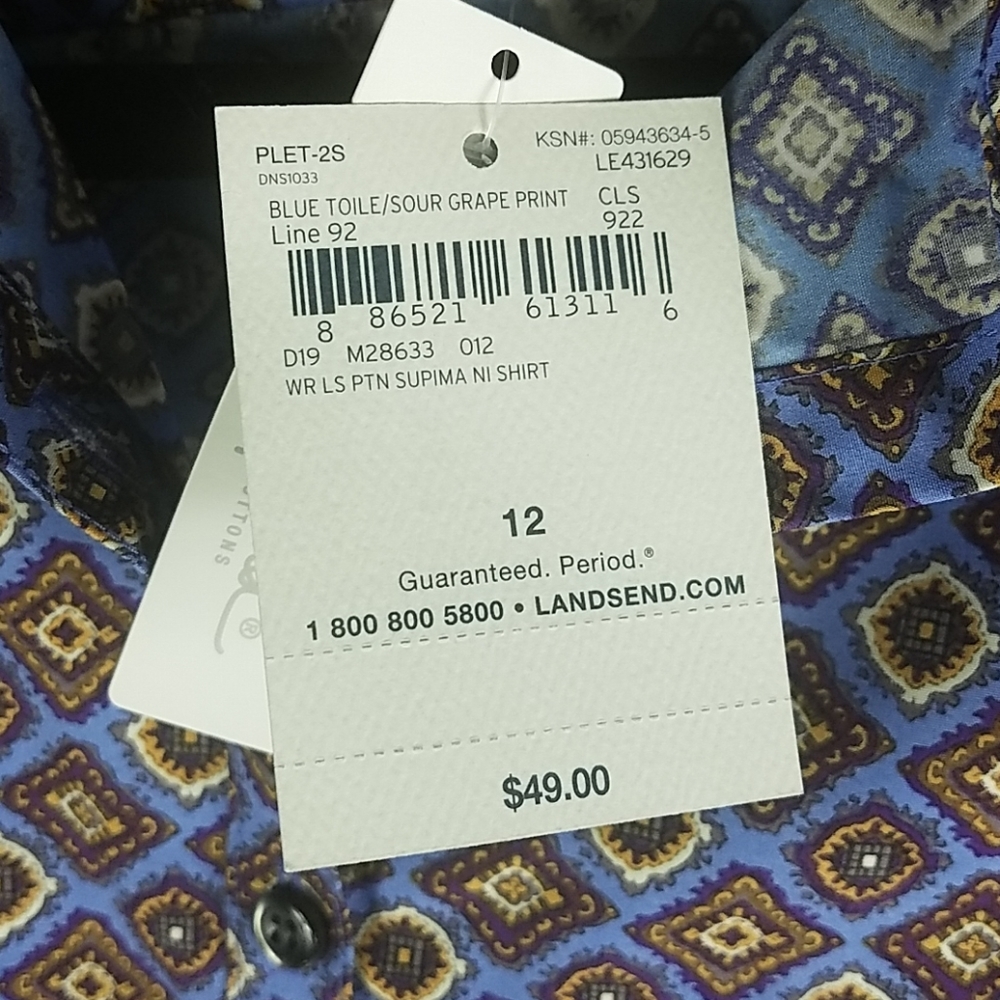 Lands' End, 0018, Blue Toile Prnt Shirt, Sz 12 - Picture 3 of 6